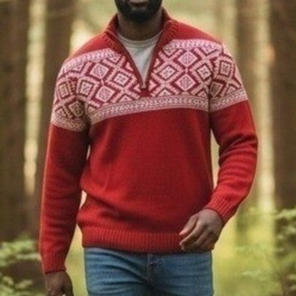 Izod Red and White Zip-Up Fair Isle Sweater